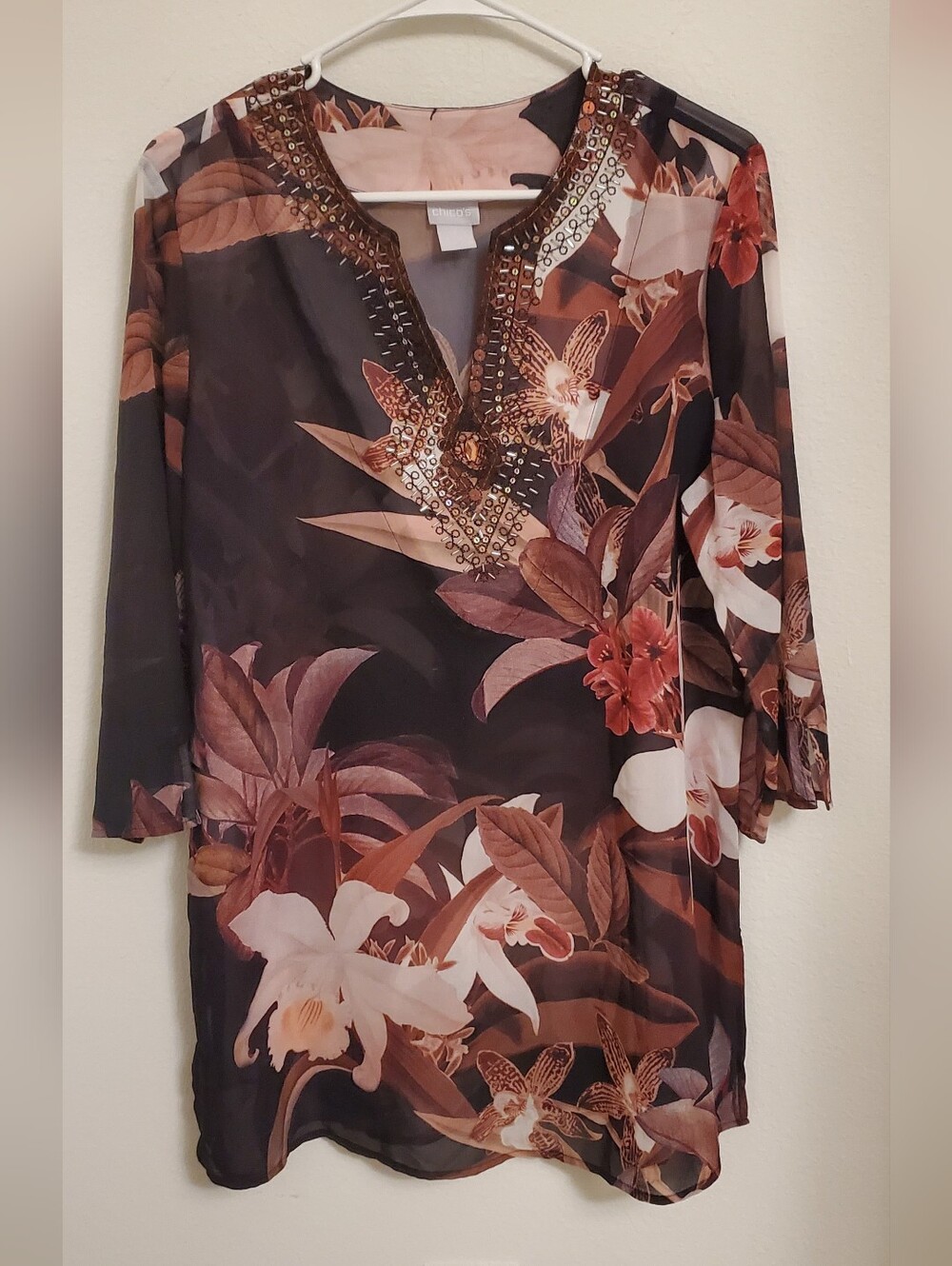 Chico's Size 1 Embellished Floral Chiffon Tunic - Brown & Blush FLAWED